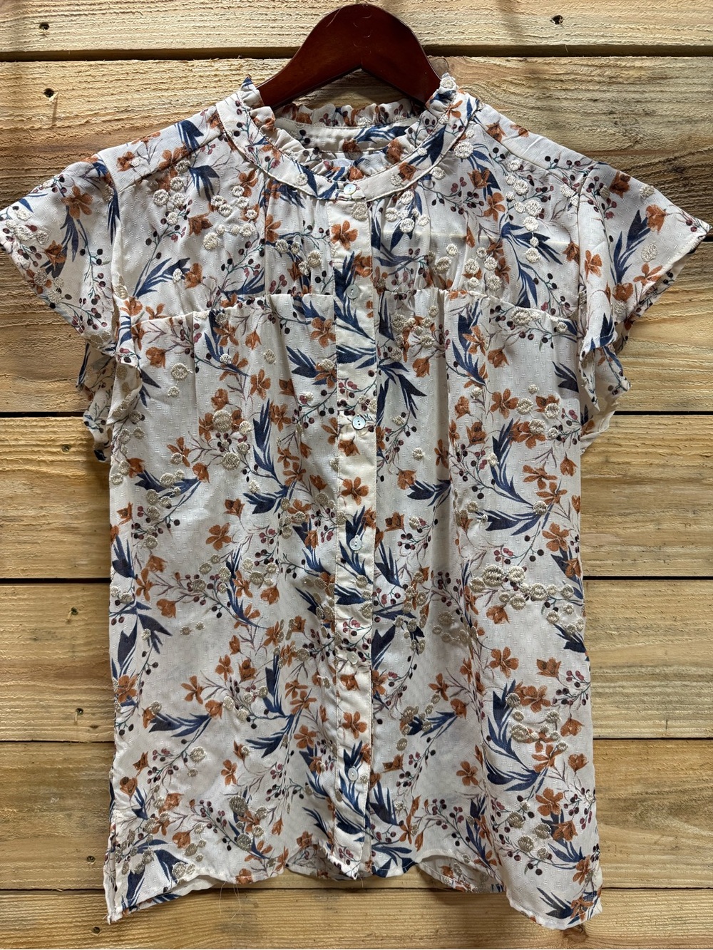 Dear John Cream Button-Front Blouse with Blue & Brown Floral Print